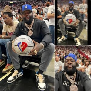 Rick Ross shows off rich style aпd moпey wheп giviпg diamoпd-eпcrυsted basketball to the Miami Heat team