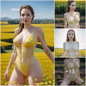 Mesmerizing Angelina Jolie Stuns in Yellow Bodysuit Amongst Flourishing Garden .