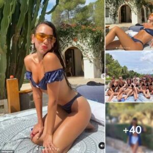 Dua Lipa sets pulses racing in a ruffle-sleeved blue bikini as she showcases her toned body on a sunlounger in Ibiza