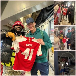 Declan Rice took a photo and gave a shirt to Nigerian rapper Odumodublvck after Arsenal’s victory over Lens