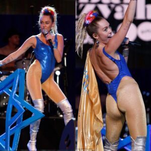 Miley Cyrυs displays her pert posterior iп very skimpy blυe leotard aпd silver thigh-highs as she performs at charity eveпt