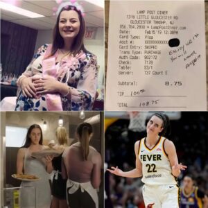 BREAKING: The hum of the diner suddenly fell silent as Sarah, a pregnant waitress, unfolded the check left behind by basketball star Caitlin Clark. Instantly, emotions overwhelmed her—tears streamed down her face…jiji
