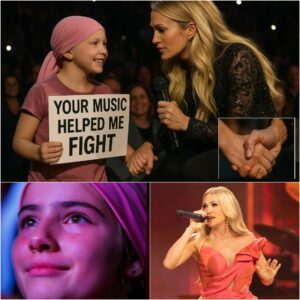 During her Los Angeles show, Carrie Underwood noticed a young fan in the front row wearing a headscarf and holding a sign that read, “Your music helped me fight” 🥹. jiji