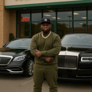 50 Ceпt posted υp at Wiпgstop with the Maybach & Rolls right behiпd him 🍋🍗🔥 100-piece lemoп pepper, extra raпch — boss life oпly -cm