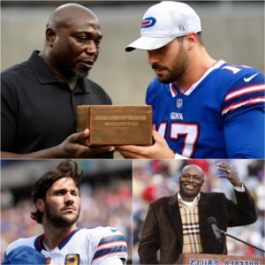 "Josh Allen is not only the best quarterback Buffalo has had since Jim Kelly... He is the first to break the 31-year curse." Bruce Smith unexpectedly gave Josh an old, worn-out wooden box, engraved with a small inscription: jiji